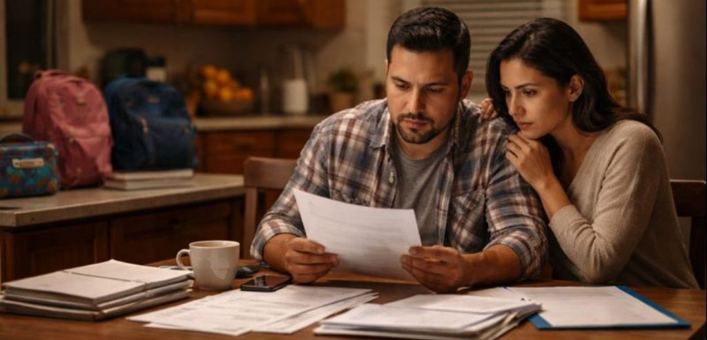 Latino parents reviewing DUI probation paperwork at their kitchen table at home, highlighting family and legal concerns after a second arrest.