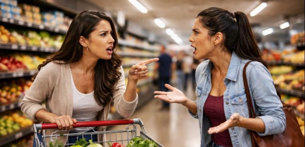 Two Latina women engaged in a heated argument in a grocery store, representing how ordinary disputes can quickly lead to felony accusations and immigration risk.