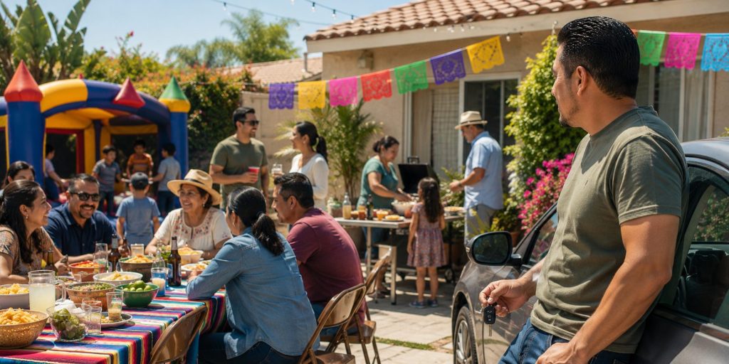 Latino family enjoying a backyard gathering in California while a man stands near a parked car holding keys, illustrating how a DUI arrest can threaten immigration status, family stability, and deportation concerns for immigrants living in Los Angeles.